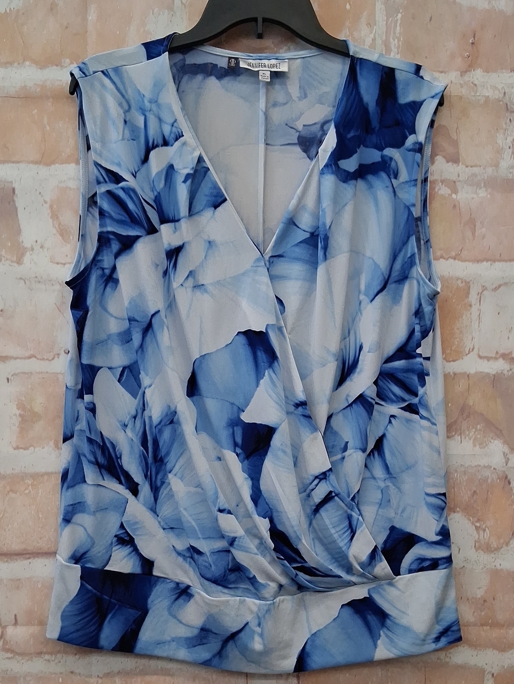 Jennifer Lopez Blue Floral Faux-Wrap Sleeveless Top